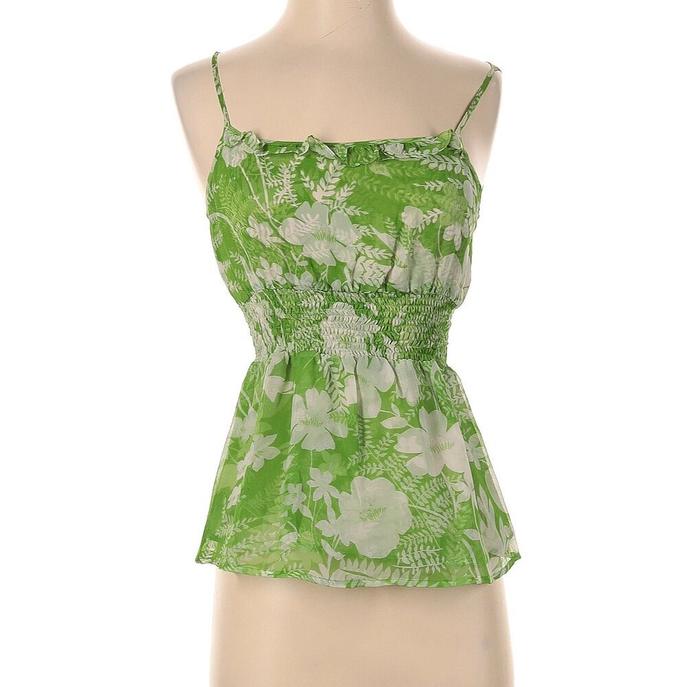 Odille Size 2 Sleeveless Silk Top Green and Off White Floral Print Cinched Waist